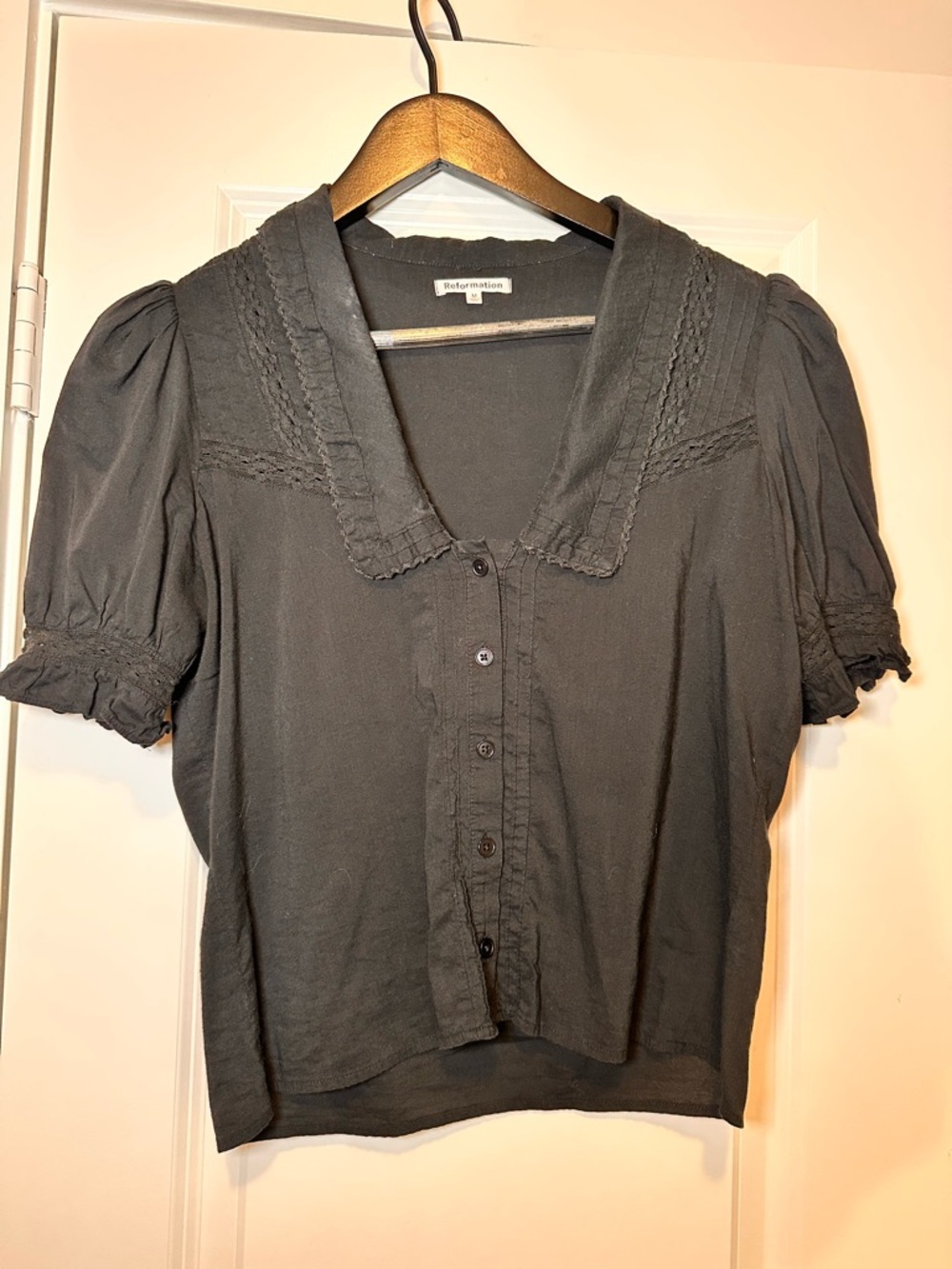 Reformation Black Short Puff Sleeve Button Blouse